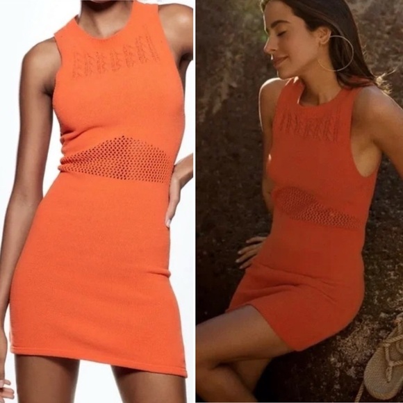 NEW Zara Orange Knit Mesh Mini Dress - Picture 2 of 12